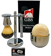 G.B.S 5 Piece Shaving Set - 4.5" Long Handle Non-Slip Knurled DE Razor Stand Shaving Brush Shavin...