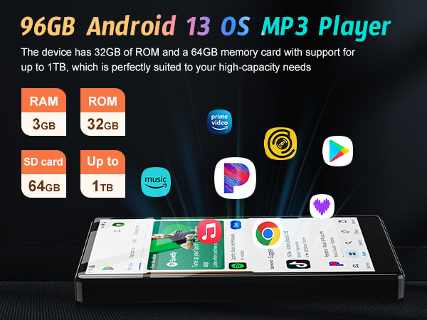 Text reads '9000 Android 13 OS MP3 Player'. Screenshot showing mobile app interface with colorful icons and menu options arranged in rows.
