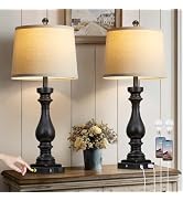 luxeflow 29" Tall Vintage Table Lamps Set of 2,Black Farmhouse Bedside Lamps with USB C+A Ports &...
