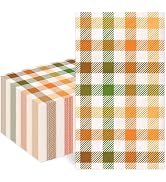 100 Pcs Fall Plaid Paper Napkins, Autumn Thanksgiving Cocktail Guest Napkin | Orange Green Checke...