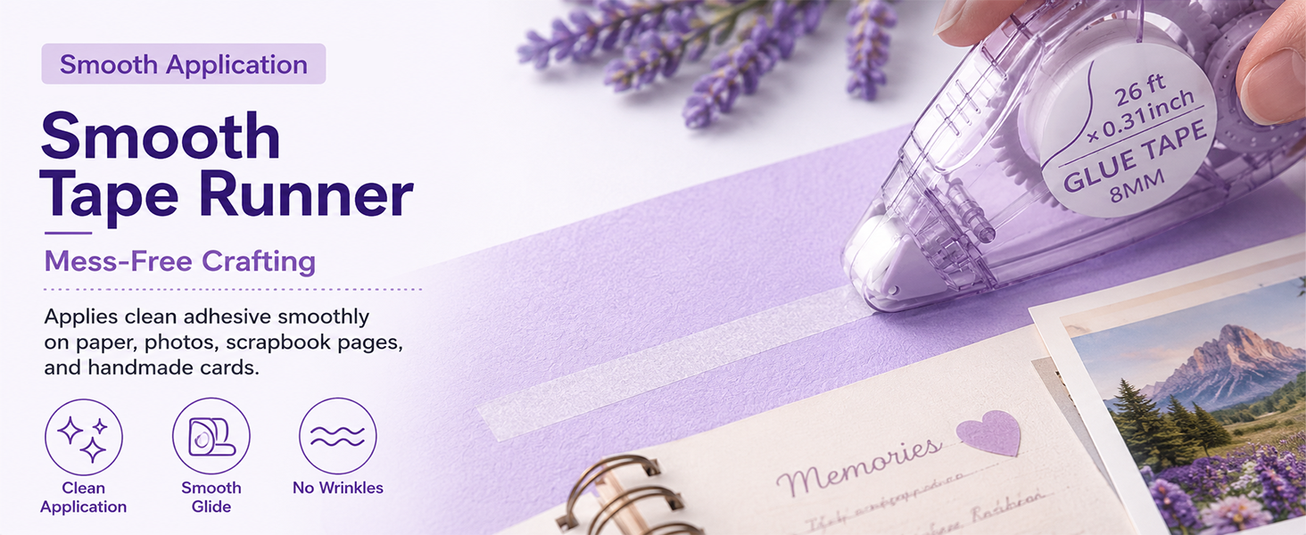 Smooth glue tape roller applying adhesive on paper and scrapbook pages