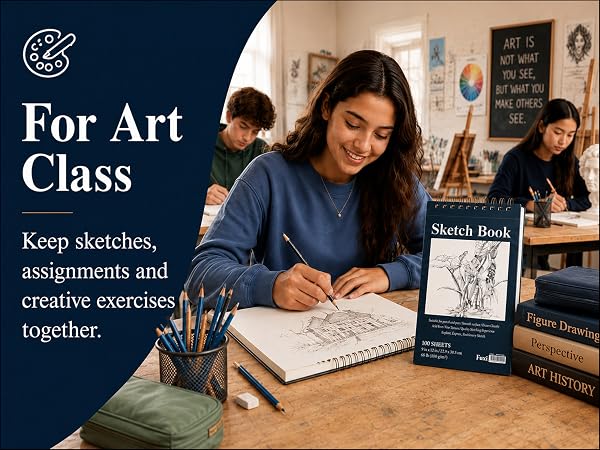 Student using a Fuxi art student sketchbook for drawing and class assignments in an art room.