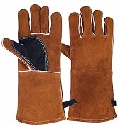 NBLEAGLO Leather Fireplace Gloves Heat Resistant for Mig,Tig welding,Stick,Forge,BBQ,Grill, Wood ...