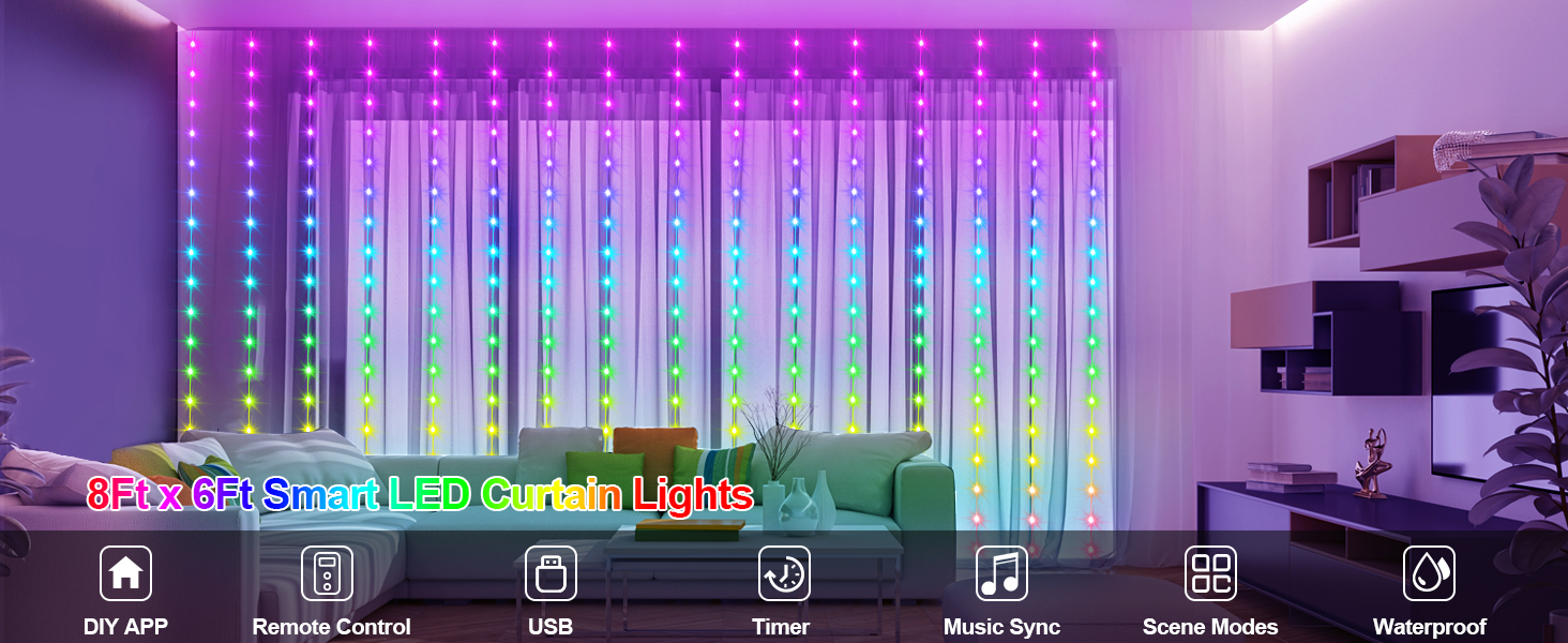 Smart LED Curtain Lights with Music Sync APP Remote Control LED Dynamic DIY Curtain Lights