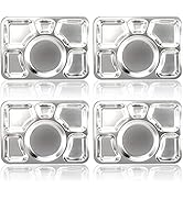 Hacaroa 4 Pack Stainless Steel Divided Dinner Plates, 15x10.6 Inches Snack Serving Plate with 6 C...