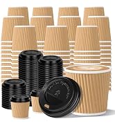 100 4oz Disposable Espresso Cups with Lids Ripple Corrugated Paper Disposable Coffee Cups Cups fo...