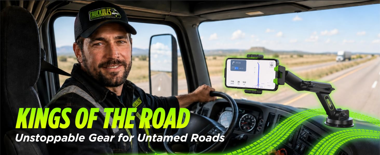 Truck driver using Truckules phone mount with GPS inside semi truck cab