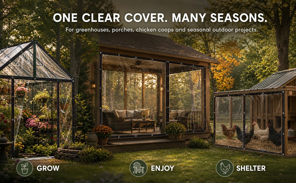 Clear vinyl tarp used for greenhouse, porch, chicken coop, patio and garden seasonal projects.