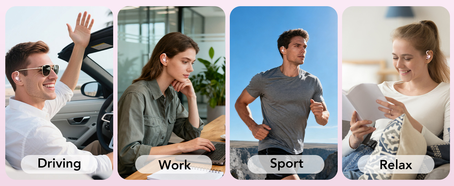 Four labeled lifestyle scenarios in white boxes: 'Driving' (man in car), 'Work' (man at desk), 'Sport' (man exercising), 'Relax' (woman resting). Demonstrates product usage contexts.