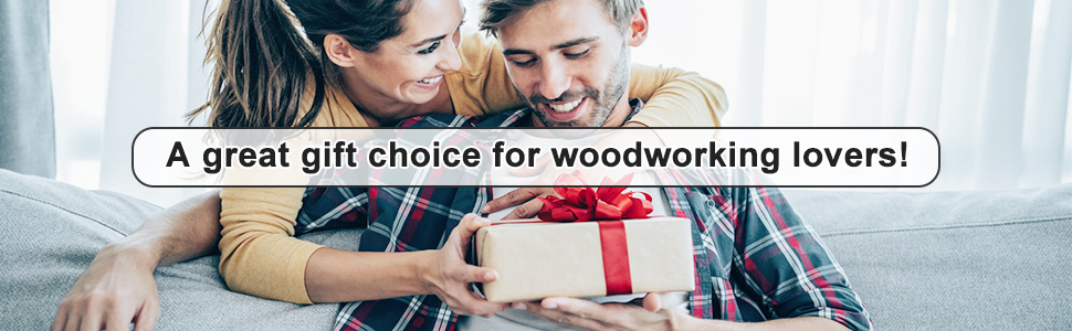 Gift box with red bow on sofa, with text overlay indicating it's for woodworking enthusiasts.