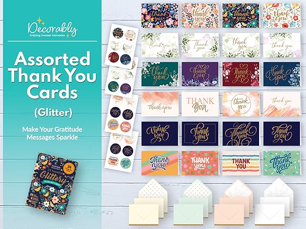 thank you cards with envelopes assorted (glitter)
