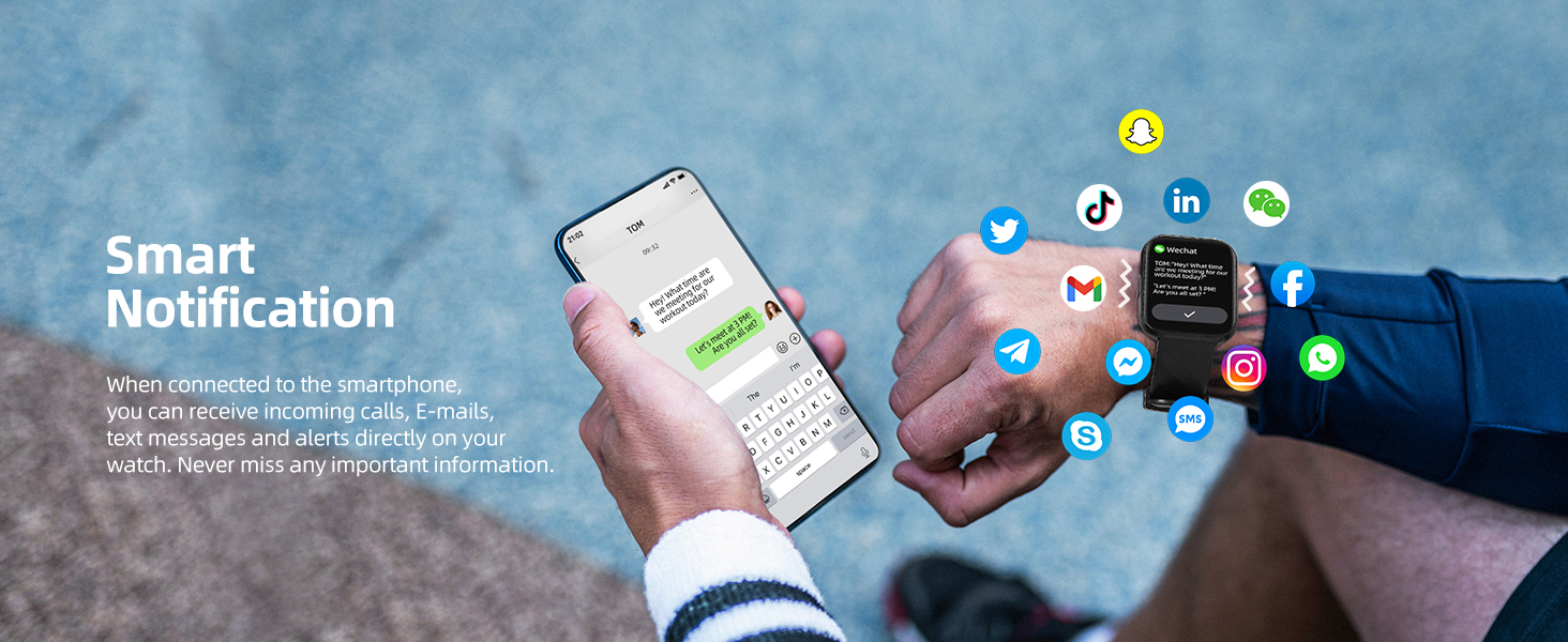 Smart notification interface demonstration showing mobile phone with app icons and social media symbols floating against blue background.