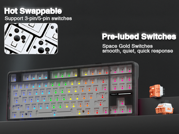 hot swappable mechanical custom keyboard creamy sound pre-lubed switches south-facing lighting