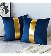 Artscope Navy Blue Velvet Throw Pillow Covers with Gold Leather Stitching Luxury Modern Minimalis...