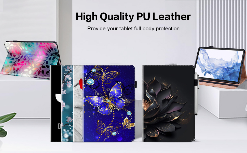 Display of tablet cases made from PU leather. Four designs shown: colorful abstract, blue with butterflies, black floral, and sky blue. Text indicates 'High Quality PU Leather'.
