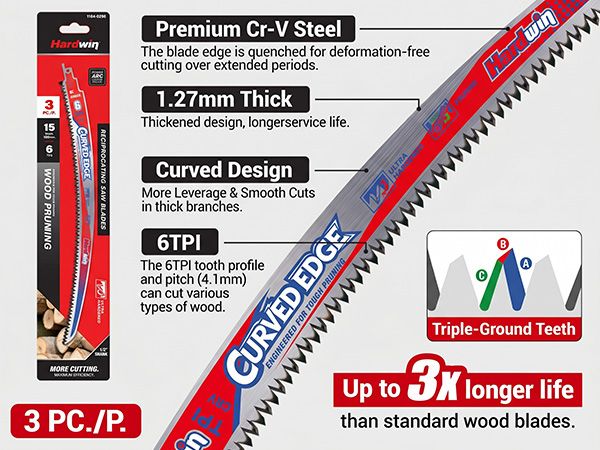 Premium Cr-V steel blade with curved design, 6TPI teeth for smooth wood cutting.
