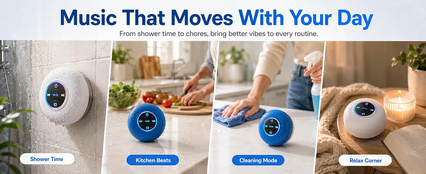 Bluetooth shower speaker shown in everyday scenes including shower time, kitchen, cleaning