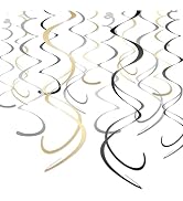 HonuGoGo 48-Piece Paper Swirl Party Decorations for Ceiling, Black Gold Silver Satin-Look Single ...