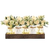 Mkono Mason Jar Lights Centerpiece Table Decor for Dining Room Farmhouse Wood Tray with Flowers V...