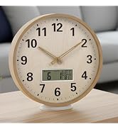 zyzamay 12 Inch Modern Light Brown Wood Grain Indoor/Oudoor Wall Clock with LCD Display Thermomet...