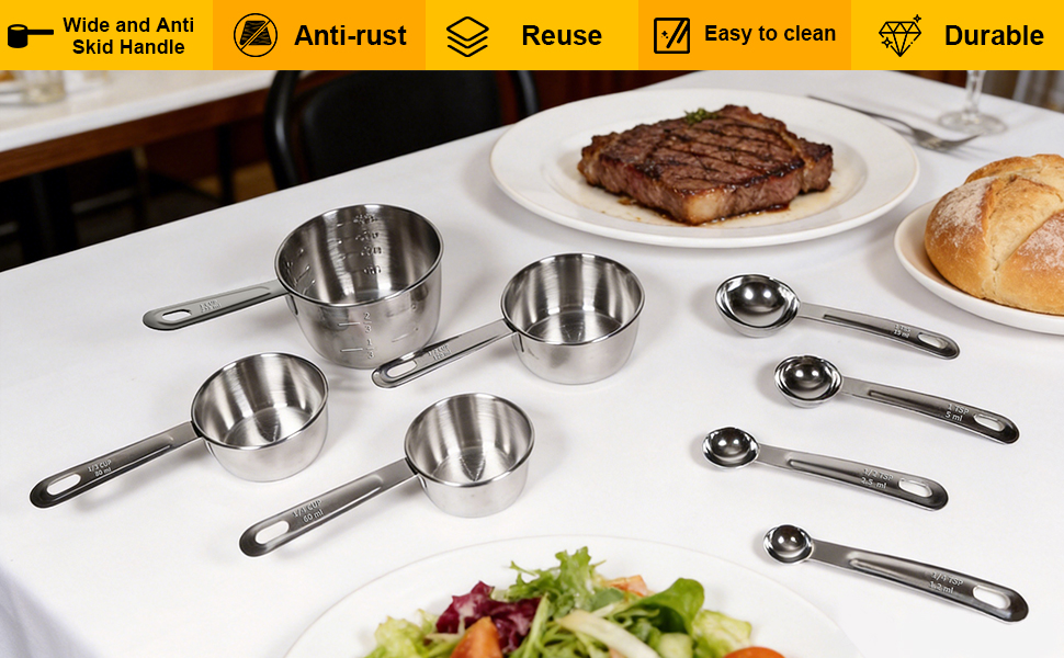 Heavy-Duty Rust-Proof Measuring Cups and Spoons Stainless Steel with Comfort Grip Handles