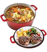 Fijinhom 2-in-1 Cast Iron Dutch Oven Pot, Enameled Pots with Lid for Bread Baking, Cooking, Stewi...