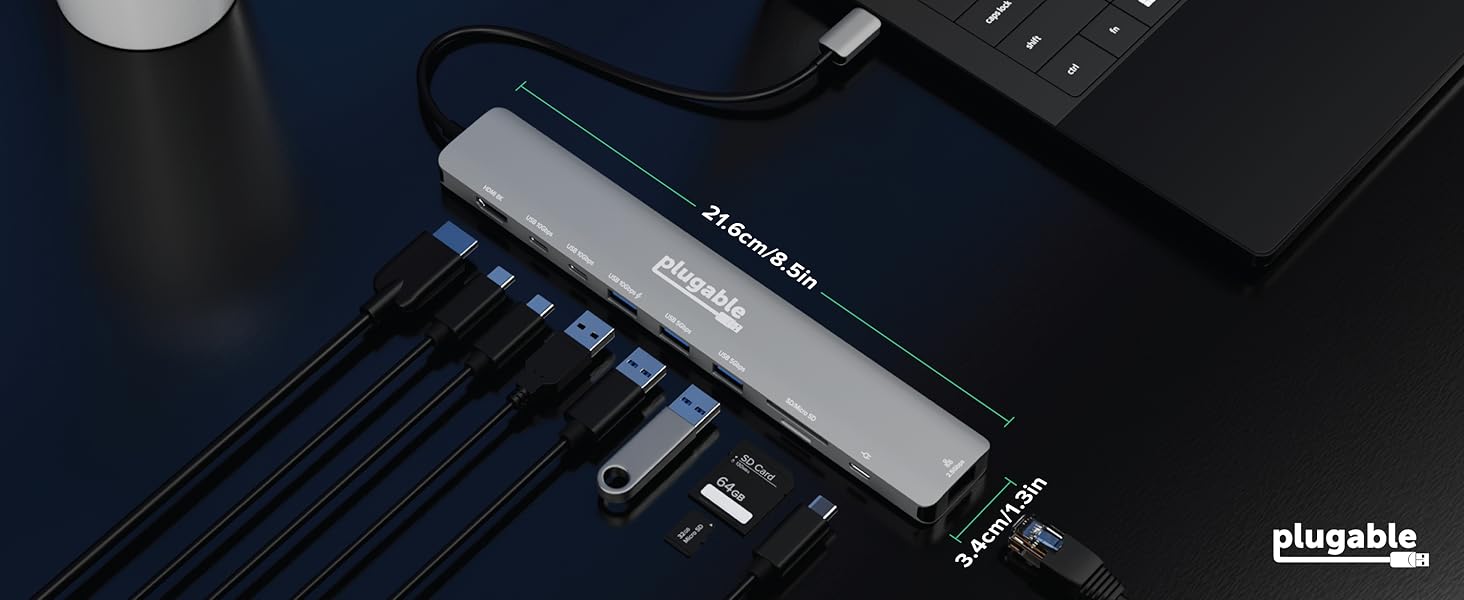 Plugable hub with cables, SD card, and Ethernet port, text 21.6cm/8.5in