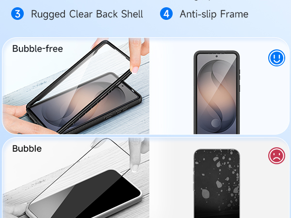 Text reads 'Rugged Clear Back Shell', 'Anti-slip Frame', 'Bubble-free', 'Bubble'. Smartphone screen protector comparison showing installation methods and protective case options with blue and pink indicator icons.