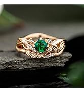Mnyixsi Fashion Gold Leaf CZ Stone Ring for Women, Emerald Gemstone Diamond Dainty Gold Ring, Cla...