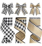 KINGLAKE Buffalo Plaid Ribbon Wired – 3 Rolls 2.5'' x 18 Yards, Burlap Black and White Plaid Ribb...