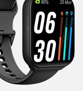 Smartwatch with large rectangular display showing time 06:30, colorful vertical bars, and a dark grey strap.