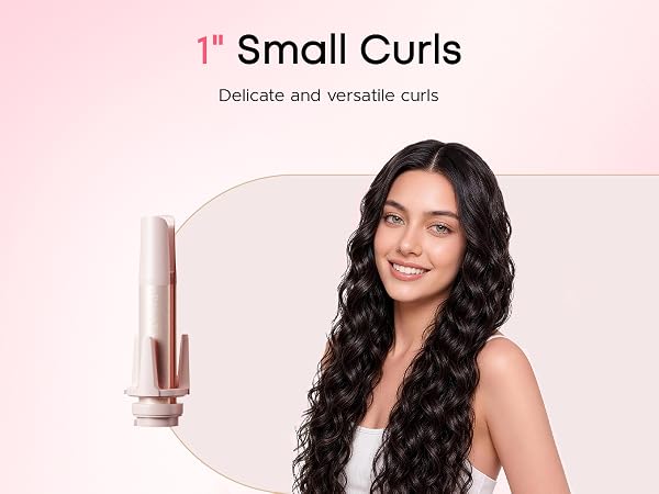 Close-up of a female model with curly hair and the product.