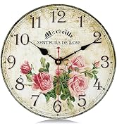 Lafocuse 12 Inch Silent Rose Floral Wall Clocks Battery Operated, Farmhouse Wall Clock for Bedroo...