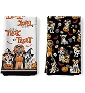 Arquiel Halloween Dog Pumpkin Tea Towels, Cotton Kitchen Towel 18.9 × 27.5 Inch, Quick Drying Dis...