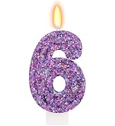 FAMGift Deep Purple Glitter Birthday Candles for Girls - Number 6 Candle Cake Topper for Purple F...