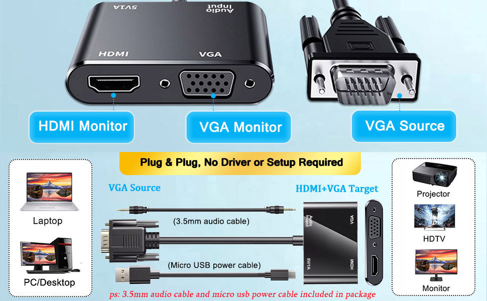 VGA to HDMI VGA Adapter for Dual Monitors, VGA to HDMI Splitter 2 in 1