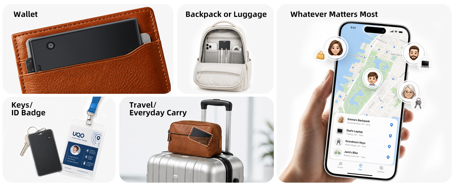 Slim card tracker for wallets, backpacks, luggage, keys, ID badges and everyday items