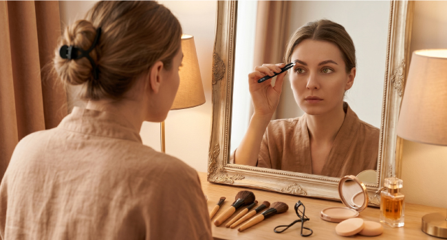 Woman applying makeup at vanity mirror with cosmetic products and brushes arranged on surface. Rear view shows seated figure in beige sweater facing illuminated mirror.