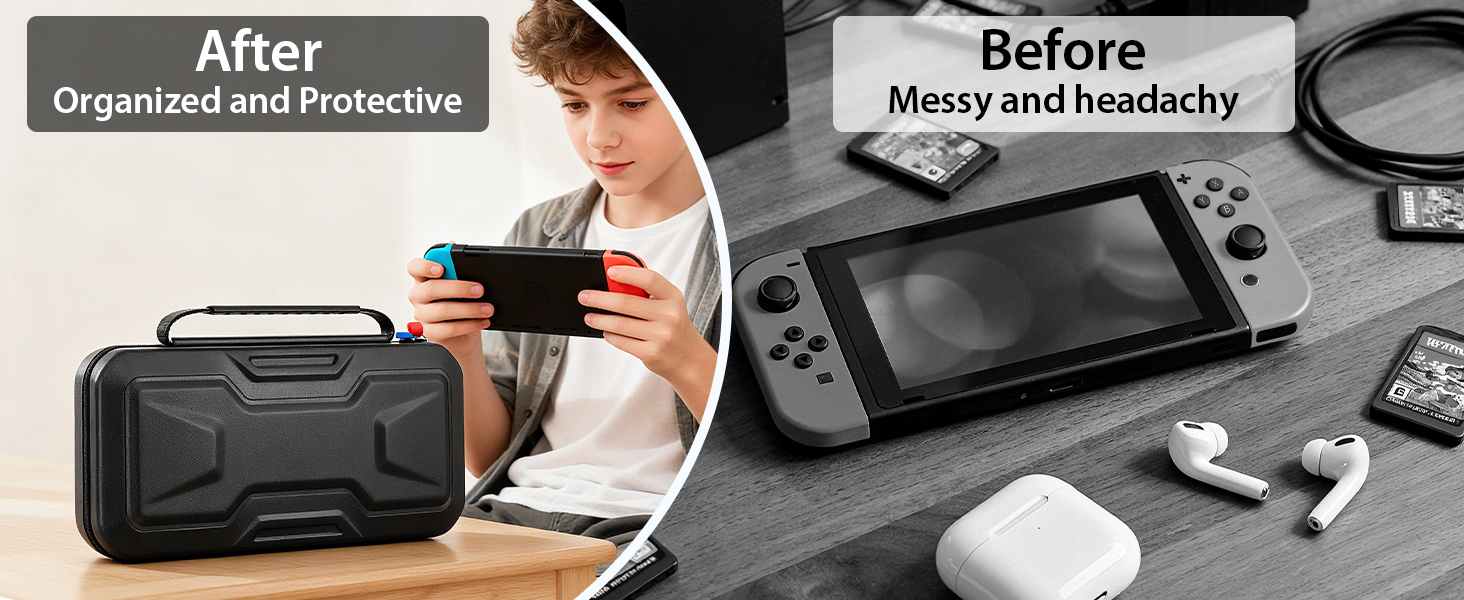 Text reads: 'Before: Messy and headachy' and 'After: Organized and Protective'. Before/after comparison of Nintendo Switch storage solutions.