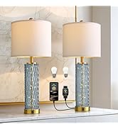 Oneach 27.75” Table Lamps Set of 2, Blue Modern Bedside Lamp with LED Night Light, USB A+C, Glass...