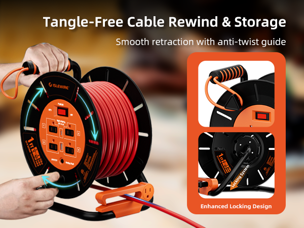 extension cord storage reel with 4-grounded outlets
