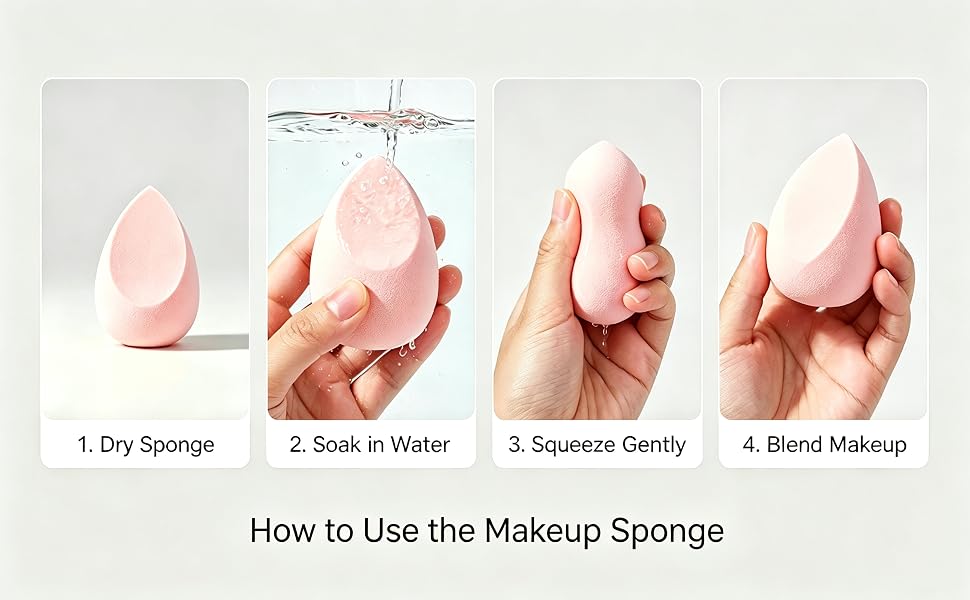 Step-by-step usage guide for makeup sponge, soak in water and squeeze before applying foundation