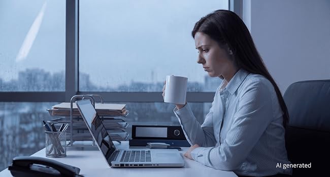 Cold coffee in regular mug on chilly desk without warmer, person looking disappointed