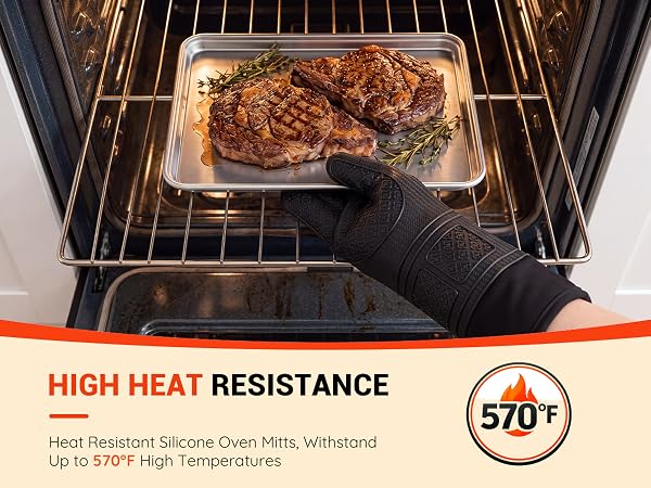 Heat Resistant Silicone Oven Mitts, Withstand Up to 570°F High Temperatures