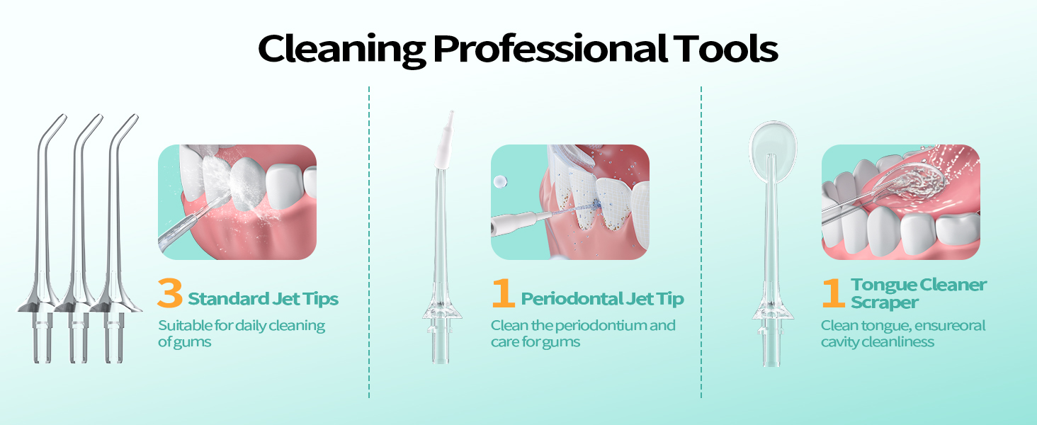 Dental cleaning tools: three standard jet tips, one periodontal jet tip, and a tongue cleaner. Illustrations show usage on teeth and tongue.