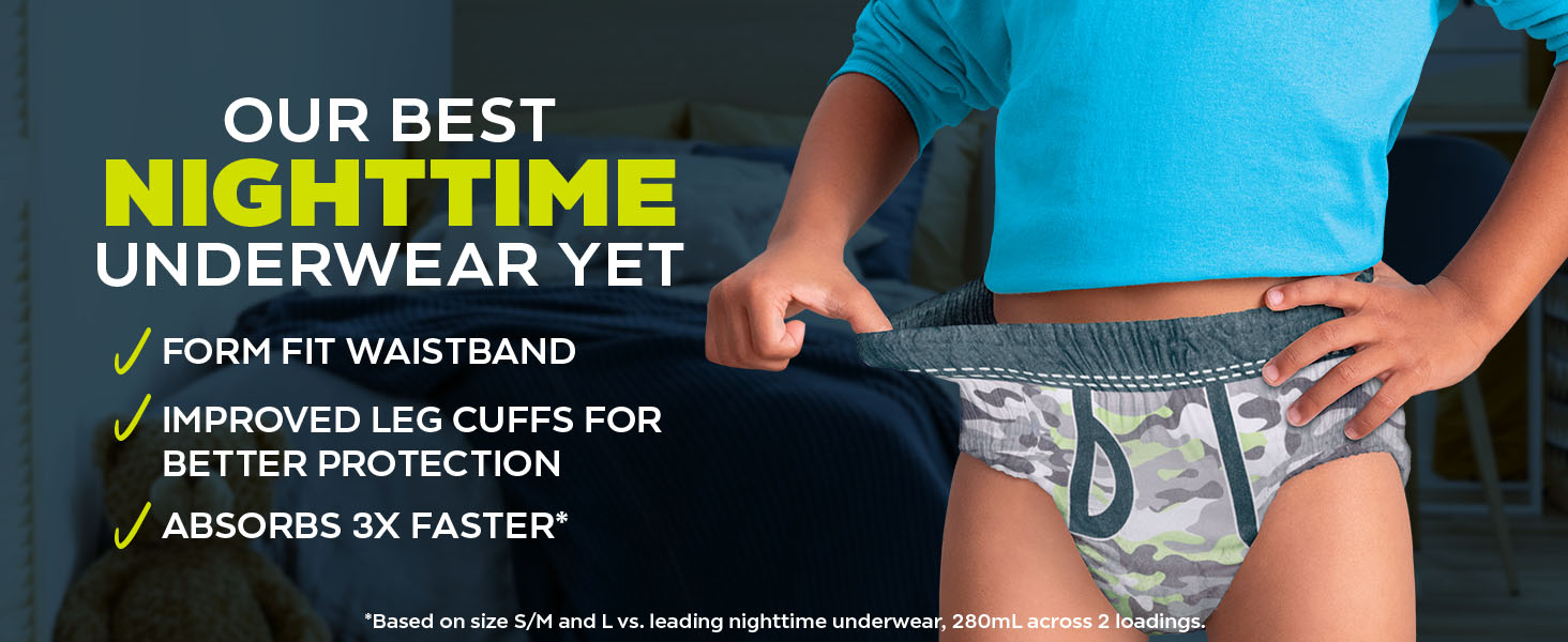 Our best nighttime underwear yet. Form fit waistband, improved leg cuffs, absorbes 3X faster*