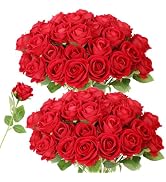 LetuoClips 52 PCS Red Roses Artificial Flowers, Fake Red Rose Bouquet, Artificial Silk Red Roses ...