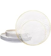 realluck 50 Pcs Crystal Clear Plastic Plates with Gold Rim, Elegant Hammered Disposable Dinnerwar...