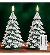 Velsyn Christmas Tree Candles Covered in Snow with Remote, 2 Pcs Waxy LED Flameless Candles Flick...