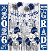 Graduation Decorations 2026 Blue and Silver Graduation Porch Sign Class of 2026 Door Banner Ballo...